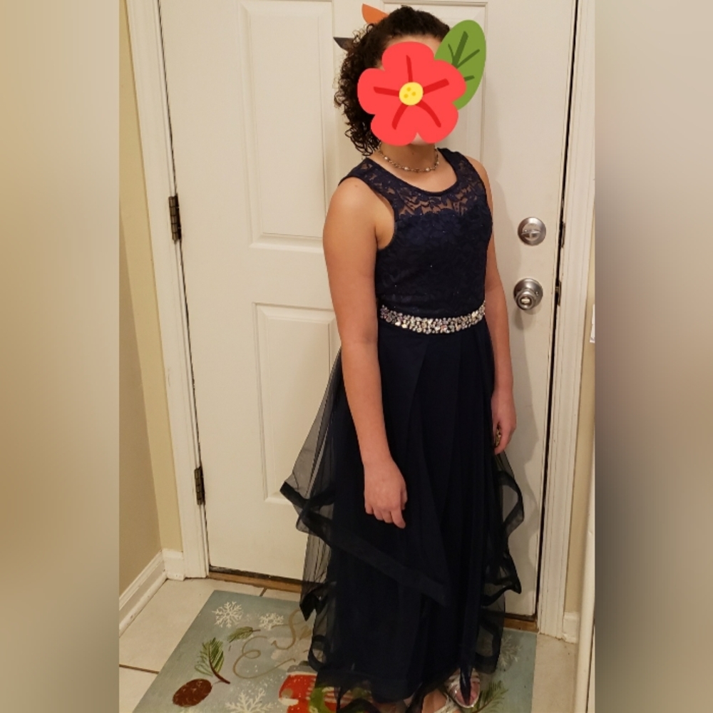 Xtraordinary Kid Navy Formal Lace Ballgown Dress w/ Silver Crystal Accents 14
